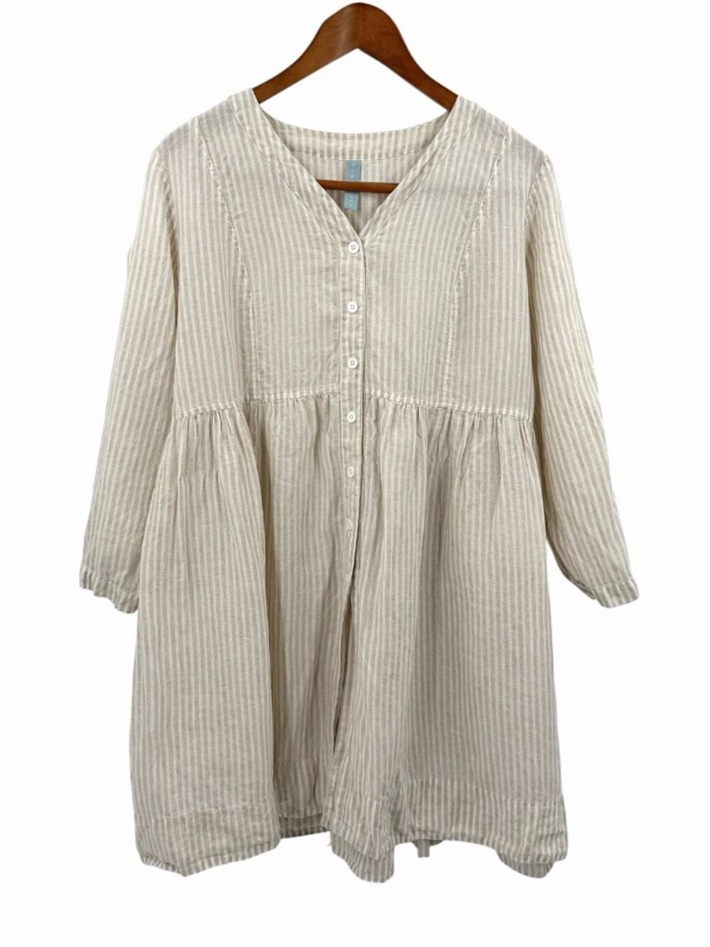 HOMEFROCKS Women's Tan White Stripe V-Neck Short Sleeve Shirt Dress Small